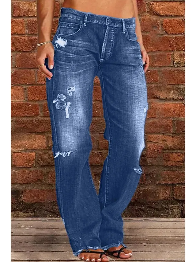 Women‘s Moms Jeans Low Rise Distressed Straight Full Length Denim Pocket Ripped Low Rise Casual Lounge Casual Daily Black Navy Blue S M
