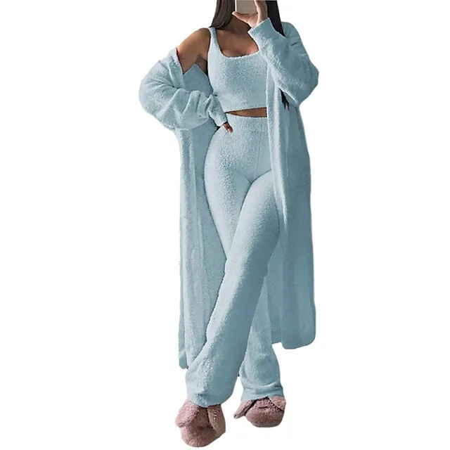 Women's Loungewear Sets Fluffy Fuzzy Sweatsuit 3 Pieces Pajama Pure Color Warm Fashion Simple Party Home Street Fleece Crew Neck Sleeveless Crop Top Pant Elastic Waist Winter Fall Black Camel