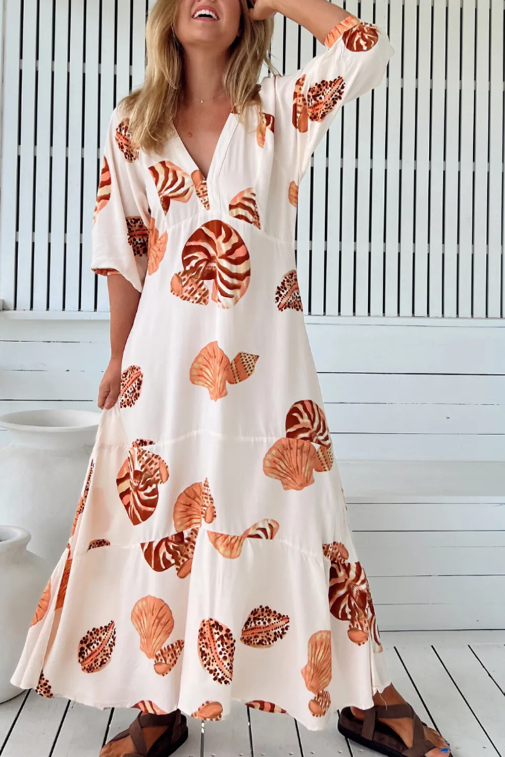 White Shell Print Half Sleeve Maxi Dress