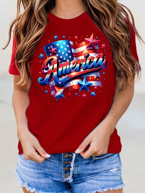 USA Independence Day Print Round-Neck Short-Sleeved T-Shirt