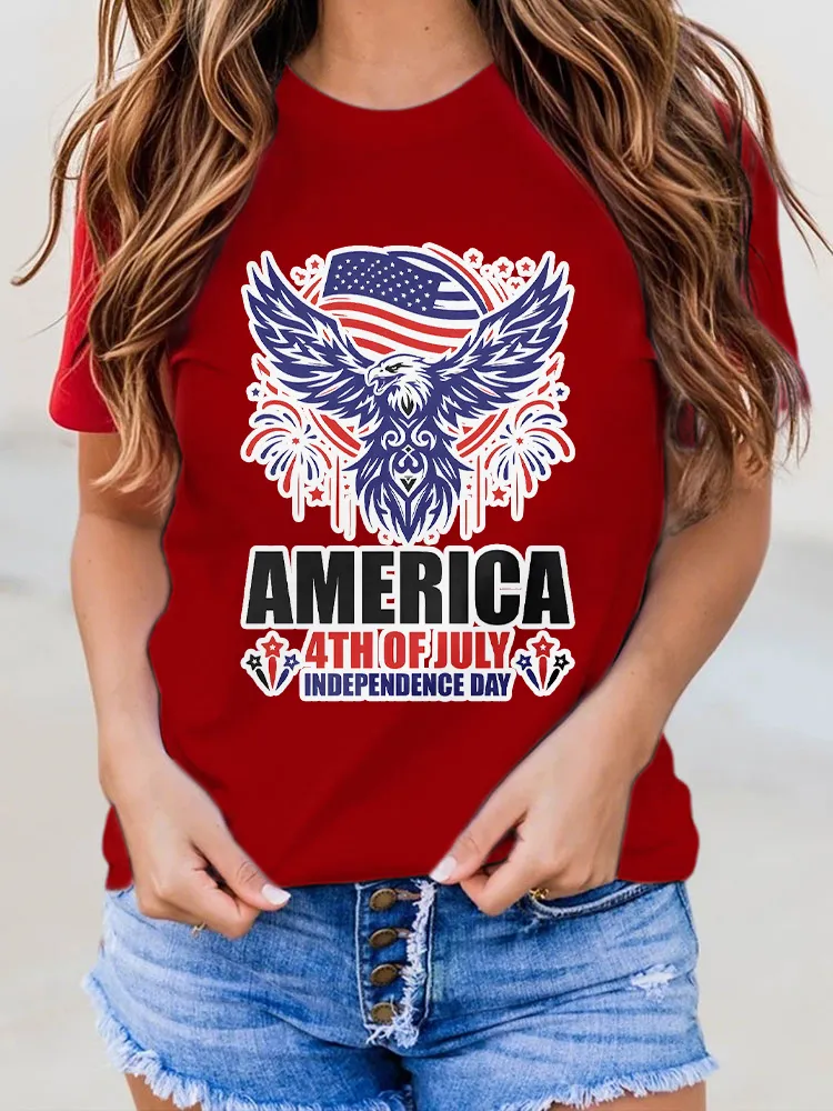 Woman'S America 4Th Of July Independence Day Round-Neck Short-Sleeved T-Shirt