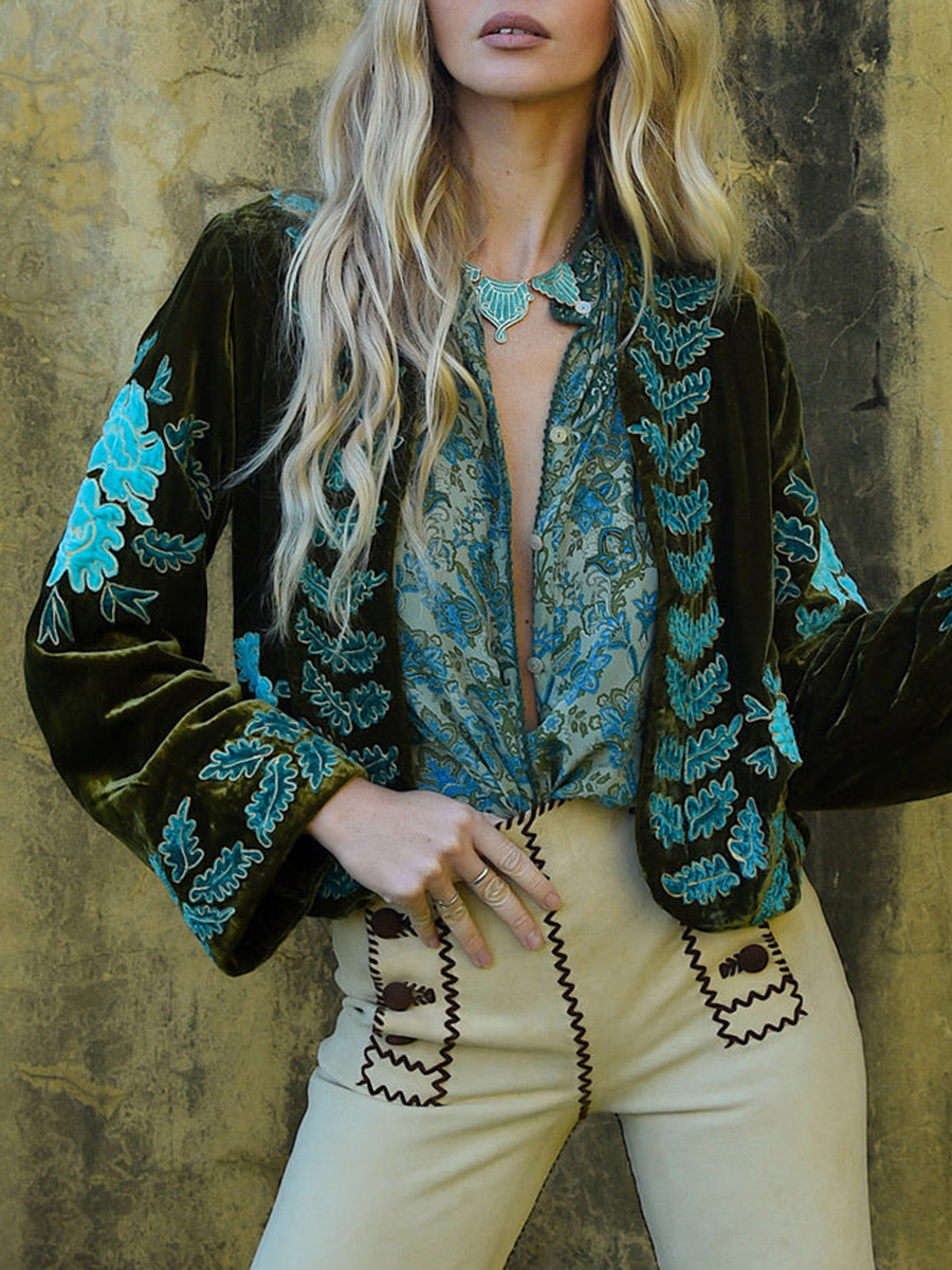 Vintage leaf embroidered velvet short cardigan