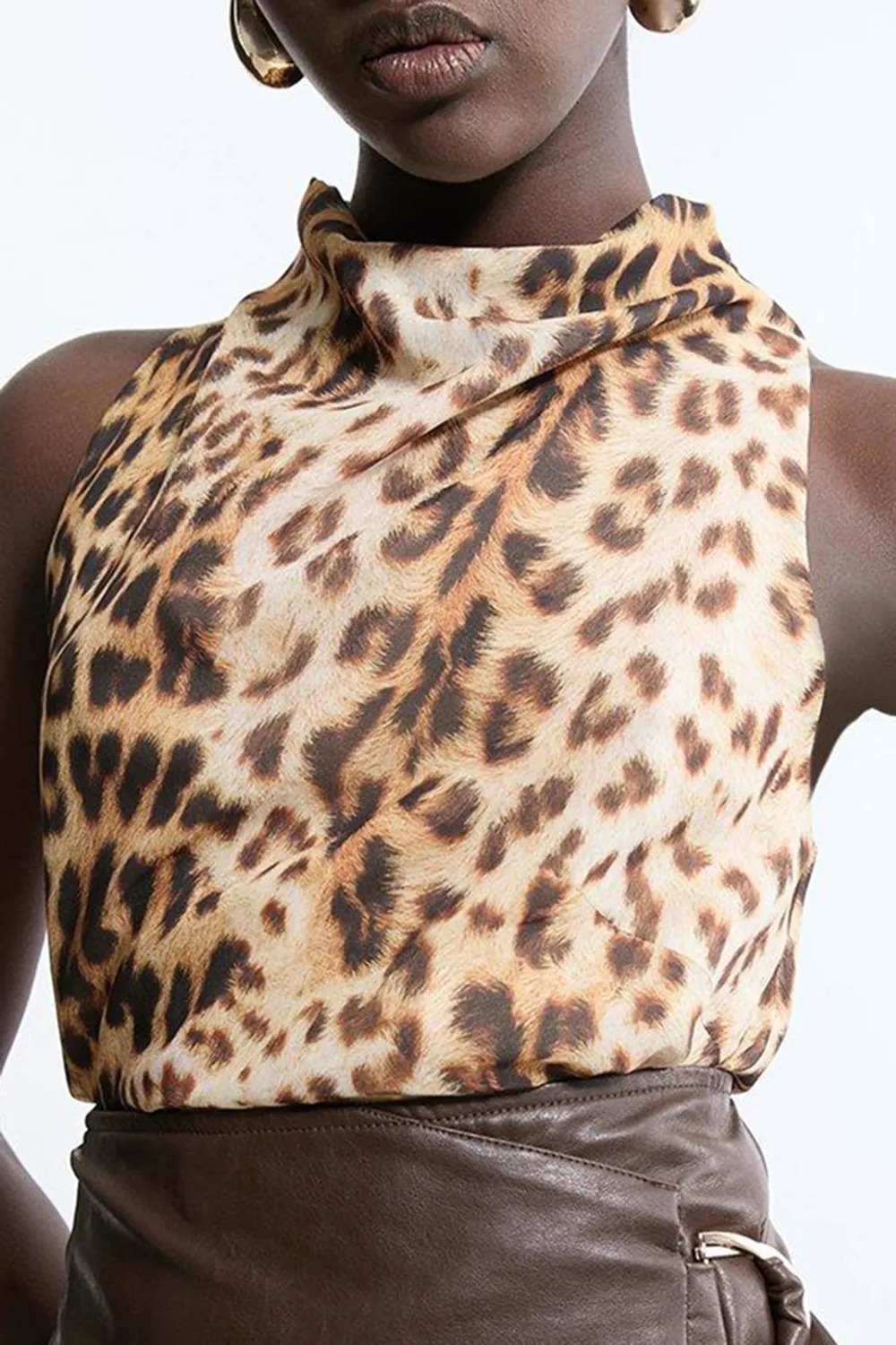 Georgette Leopard Draped Halter Woven Top