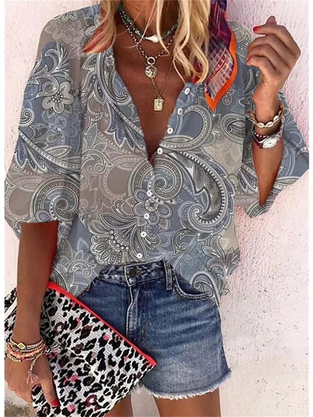 Women's Shirt Blouse Pink Red Blue Graphic Button Print Long Sleeve Casual Basic V Neck Regular Fit Spring Fall