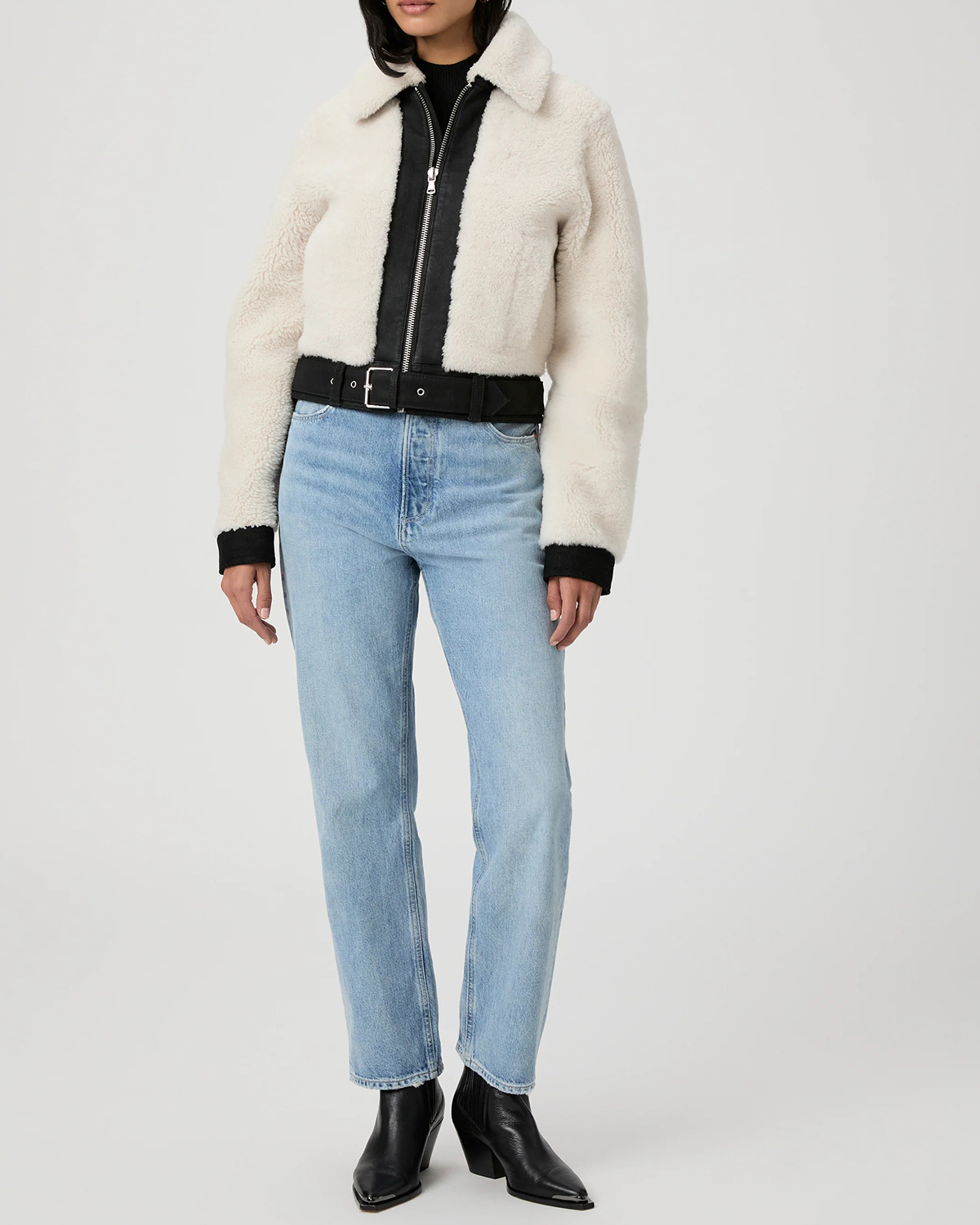 Black And White Faux Fur Trimmed Jacket
