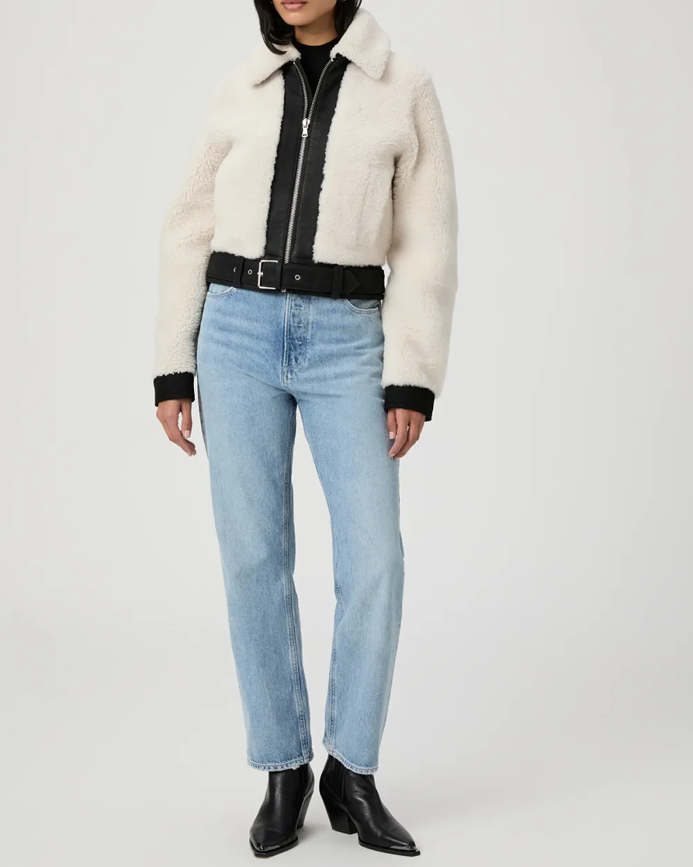 Black And White Faux Fur Trimmed Jacket