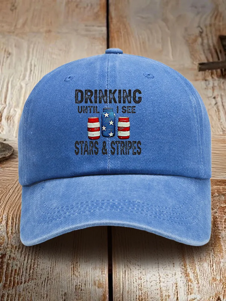 Drinking Until I See Stars And Stripes Print Washed Baseball Cap