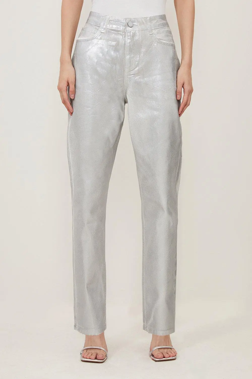 High Rise Slim Leg Silver Foiled Trouser