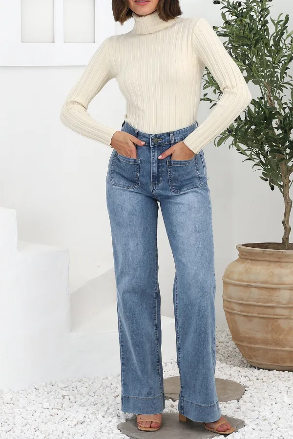 Blue High Waisted Wide Leg Denim Jeans