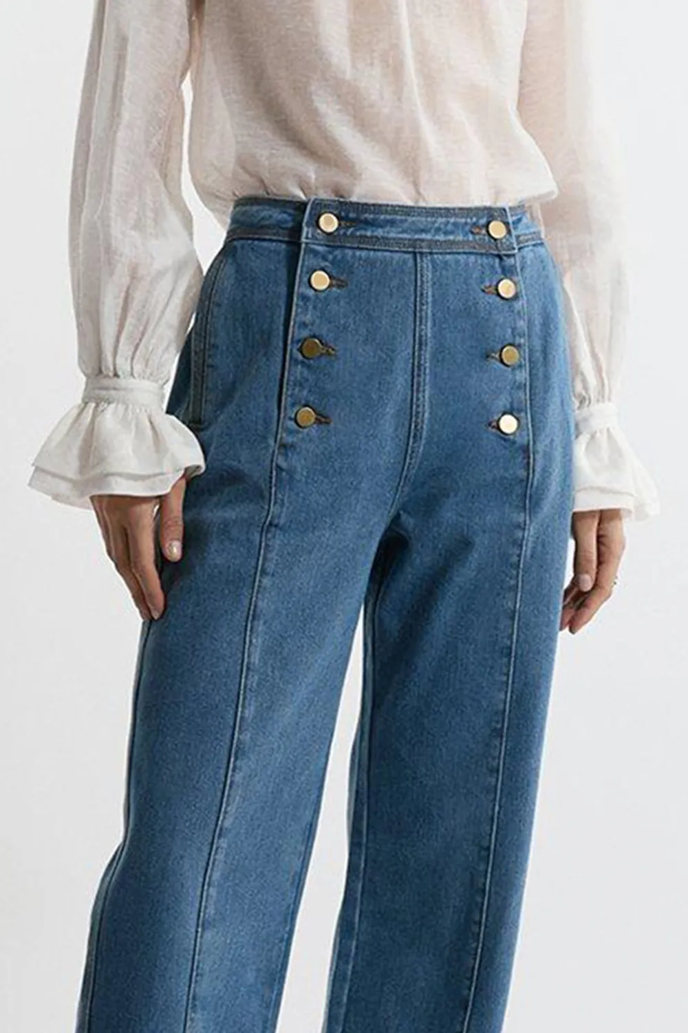 Denim Tailored Button Front Wide Leg Jeans