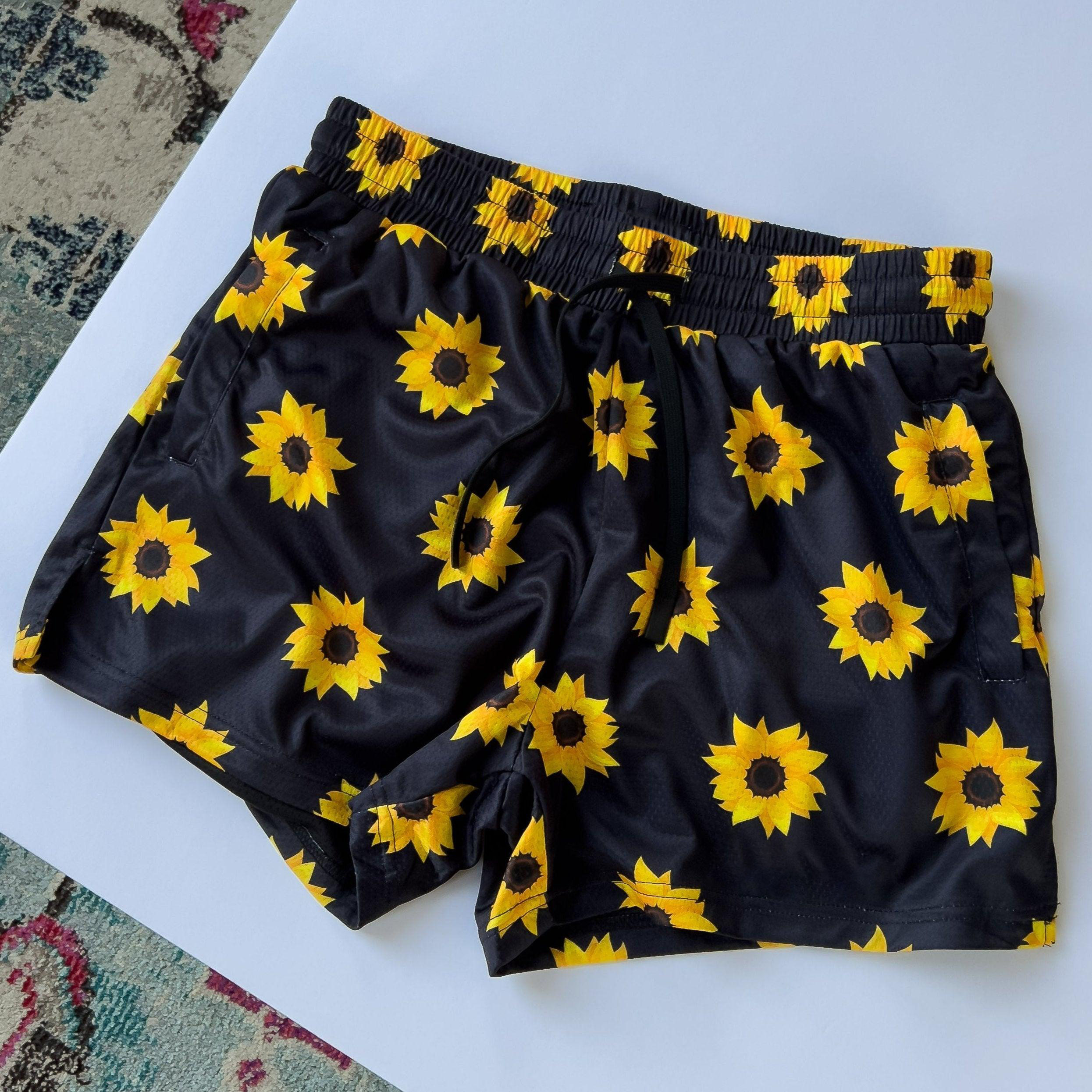 MUAY THAI SHORTS (MID THIGH CUT) SUNFLOWER - BLACK