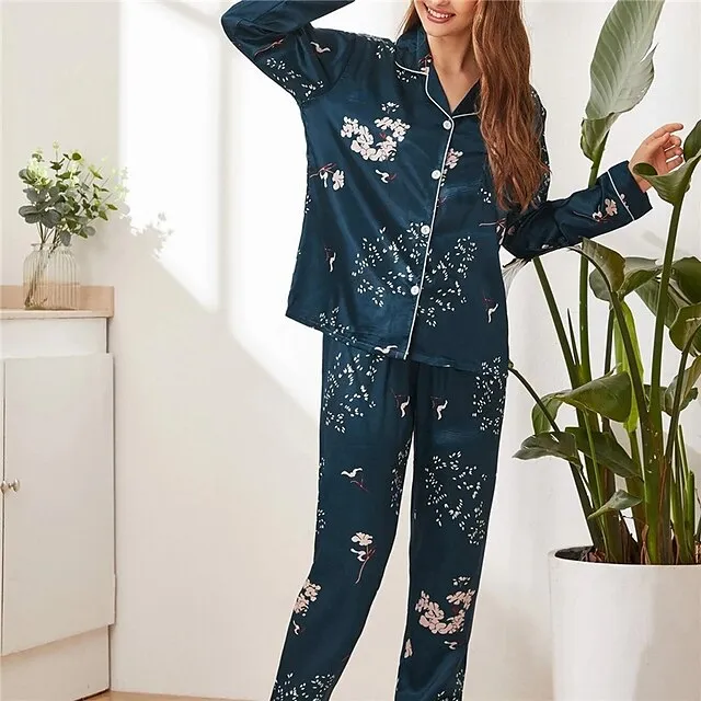 Women's Pajamas Sets Pjs 2 Pieces Leopard Stripe Fashion Simple Comfort Home Daily Vacation Satin Breathable Gift Lapel Long Sleeve Pant Button Elastic Waist Fall Spring Light Pink Black