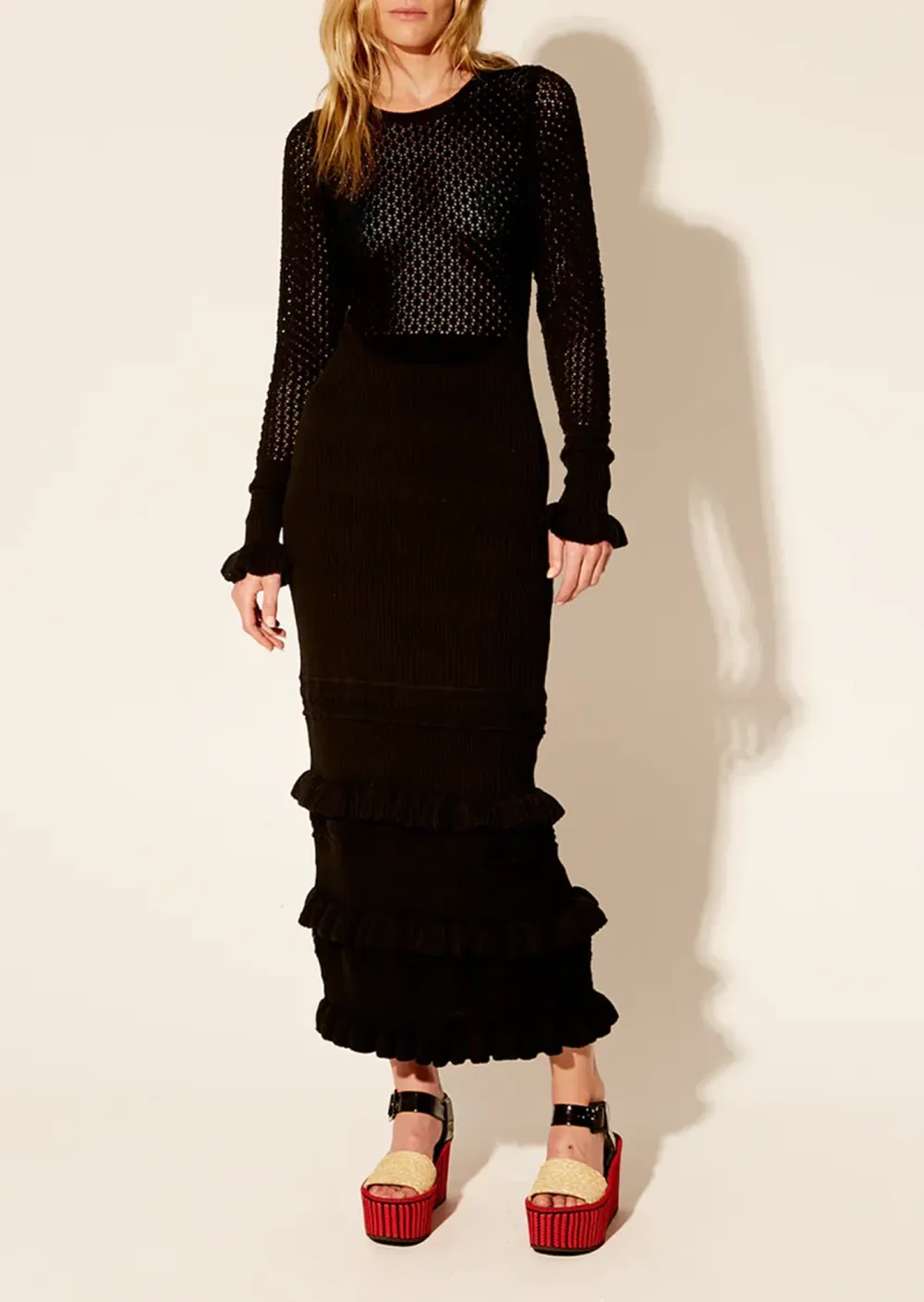 Long Sleeved Knit Ruffled Midi Dress