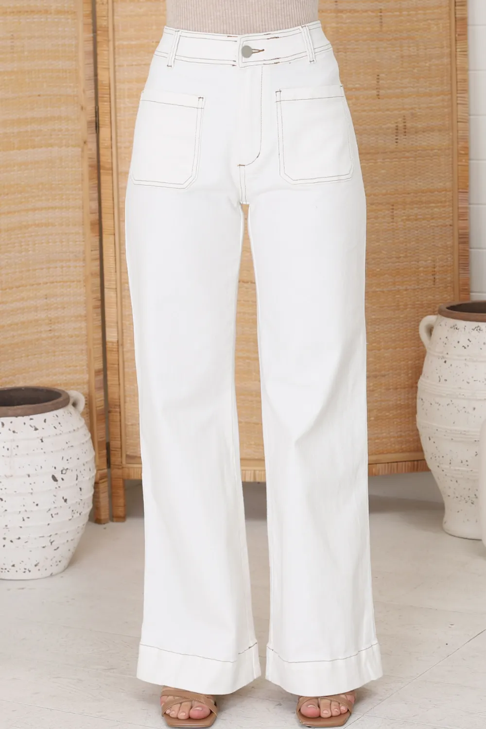 White High Rise Straight Leg Denim Pants