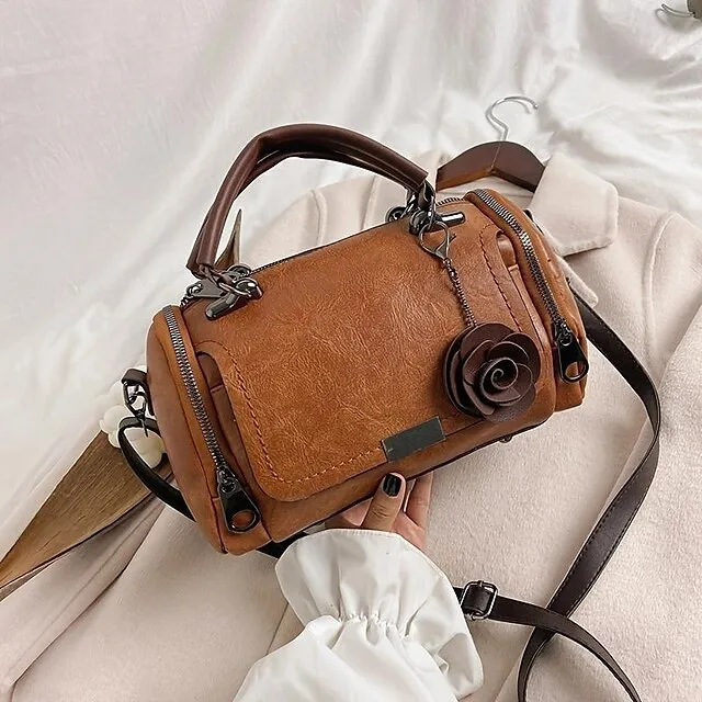 Women's Handbag Crossbody Bag Boston Bag PU Leather Office Shopping Flower Adjustable Large Capacity Durable Solid Color Black Pink Red