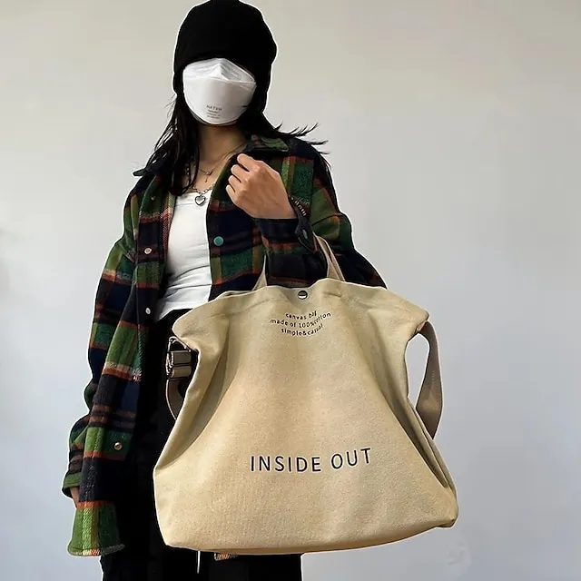 Casual Large-capacity Fashion Shoulder Bag Alphabet Print Zipper Trendy Handbag With Adjustable Strap Women Canvas Shoulder Bag Fashion Big Tote Khaki Black Green