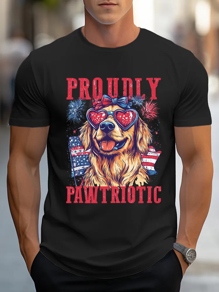 Man'S Proudly Pawtriotic Round-Neck Short-Sleeved T-Shirt