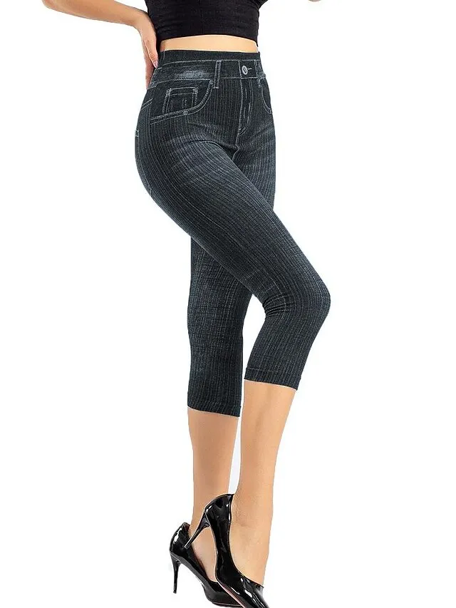 Women's Jeans Skinny Bell Bottom Calf-Length Faux Denim Print High Elasticity High Waist Tights Casual / Sporty Casual Weekend Black Red S M