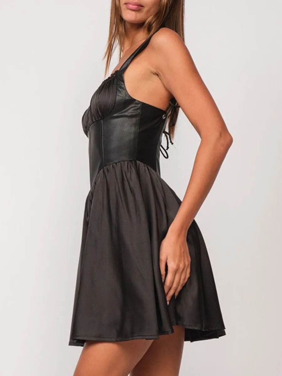 Satin Faux Leather Sleeveless Mini Dress