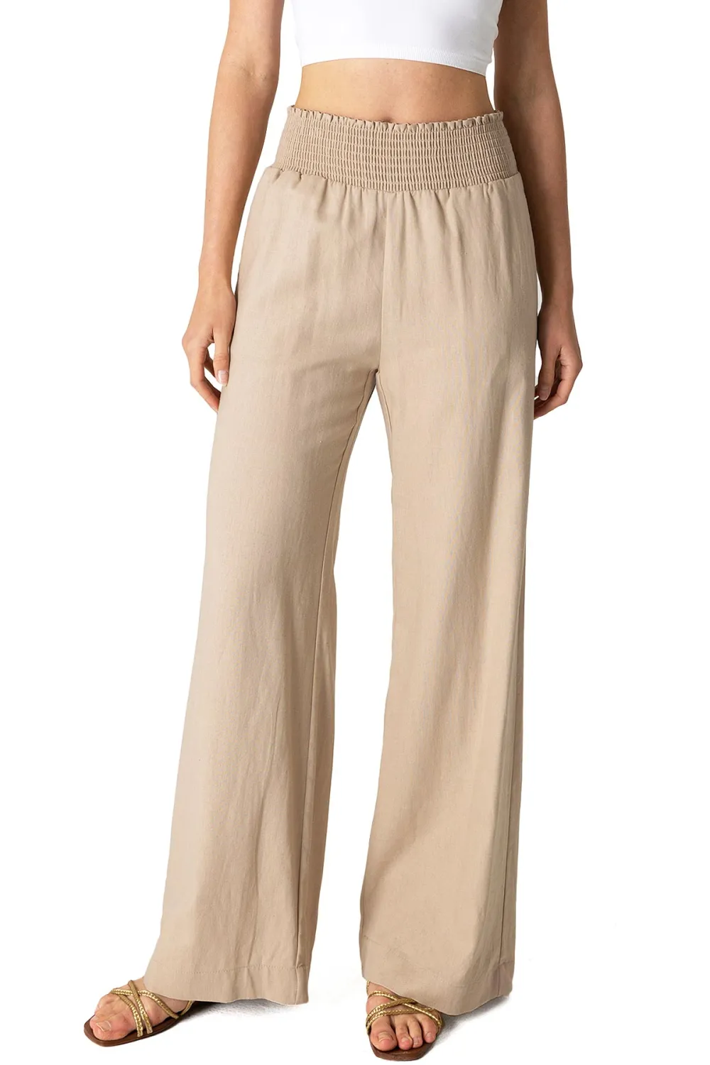 Tan Smocked - Waist Palazzo Pants