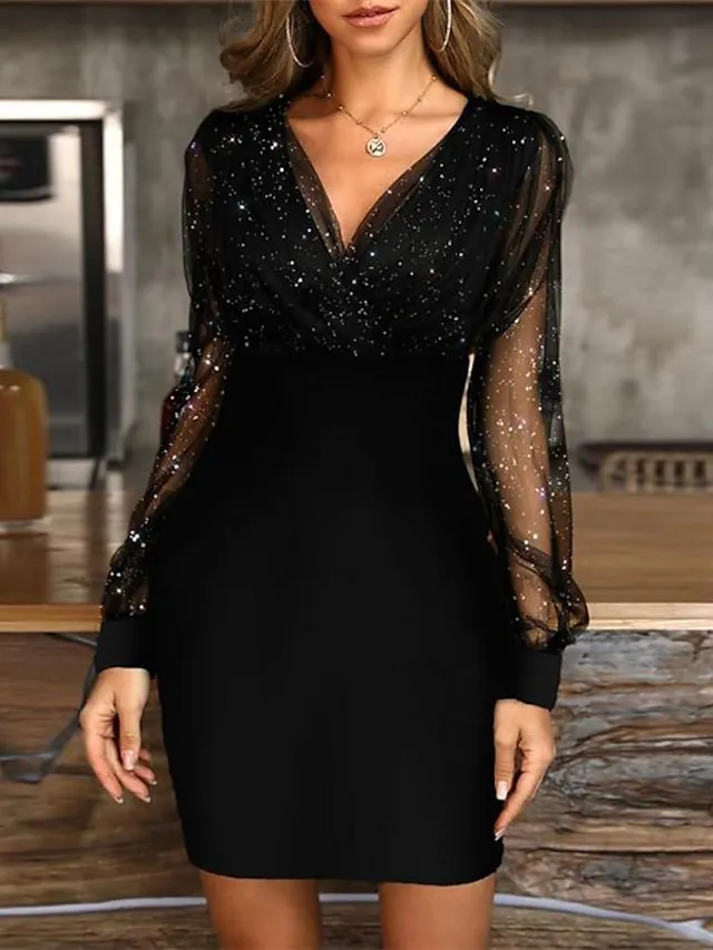 Women‘s Little Black Dress Sexy Dress Party Dress Homecoming Dress Sheath Dress Mini Dress Wine Purple Long Sleeve Mesh Dress Spring Fall Winter V Neck Fashion Party Wedding Guest