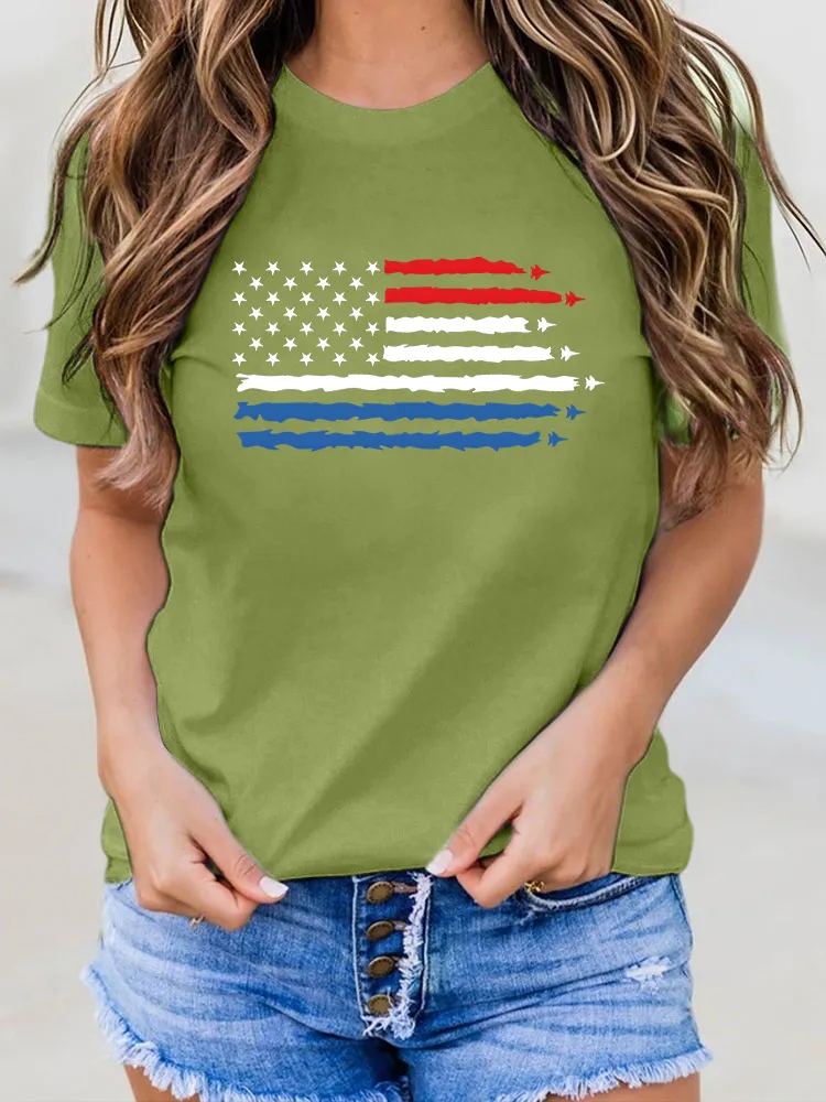 Woman'S Stars And Stripes Print Round-Neck Short-Sleeved T-Shirt