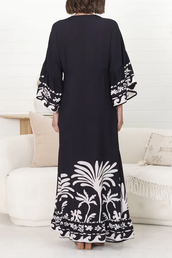 Black Floral Print Bell Sleeve Maxi Dress