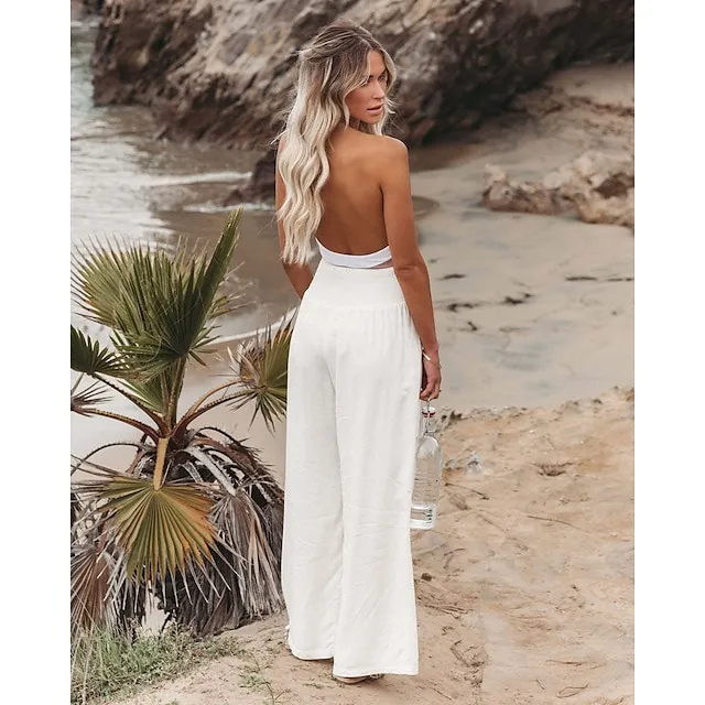 Women's Wide Leg Linen Pants Trousers Full Length Cotton Baggy Micro-elastic High Waist Fashion Casual Daily Vacation Apple Green Black S M Autumn / Fall