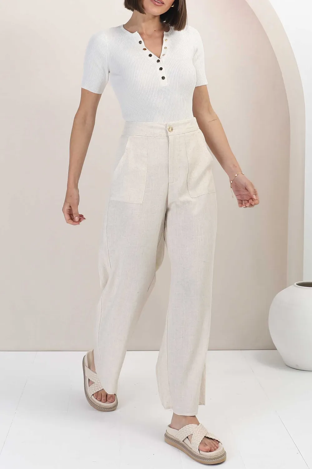Beige High Waist Wide Leg Linen Pants