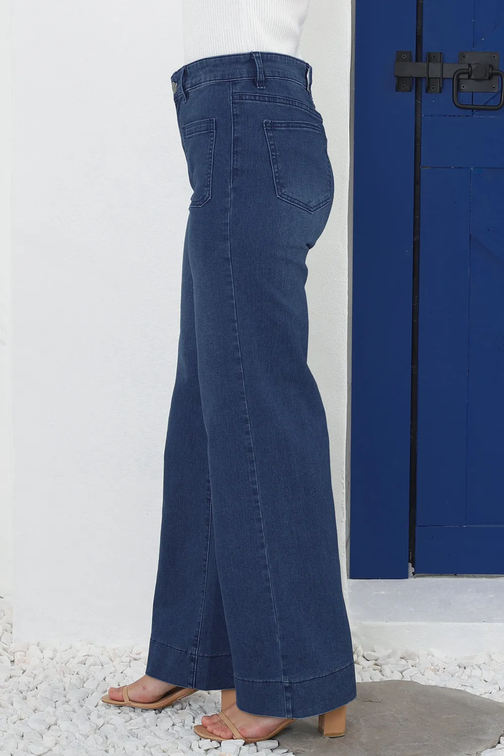 Dark Blue High Waisted Wide Leg Denim Jeans