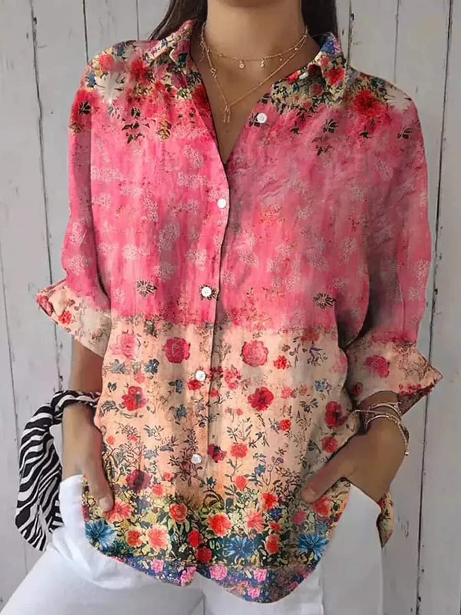 Women's Retro Casual Floral Cotton and Linen Top