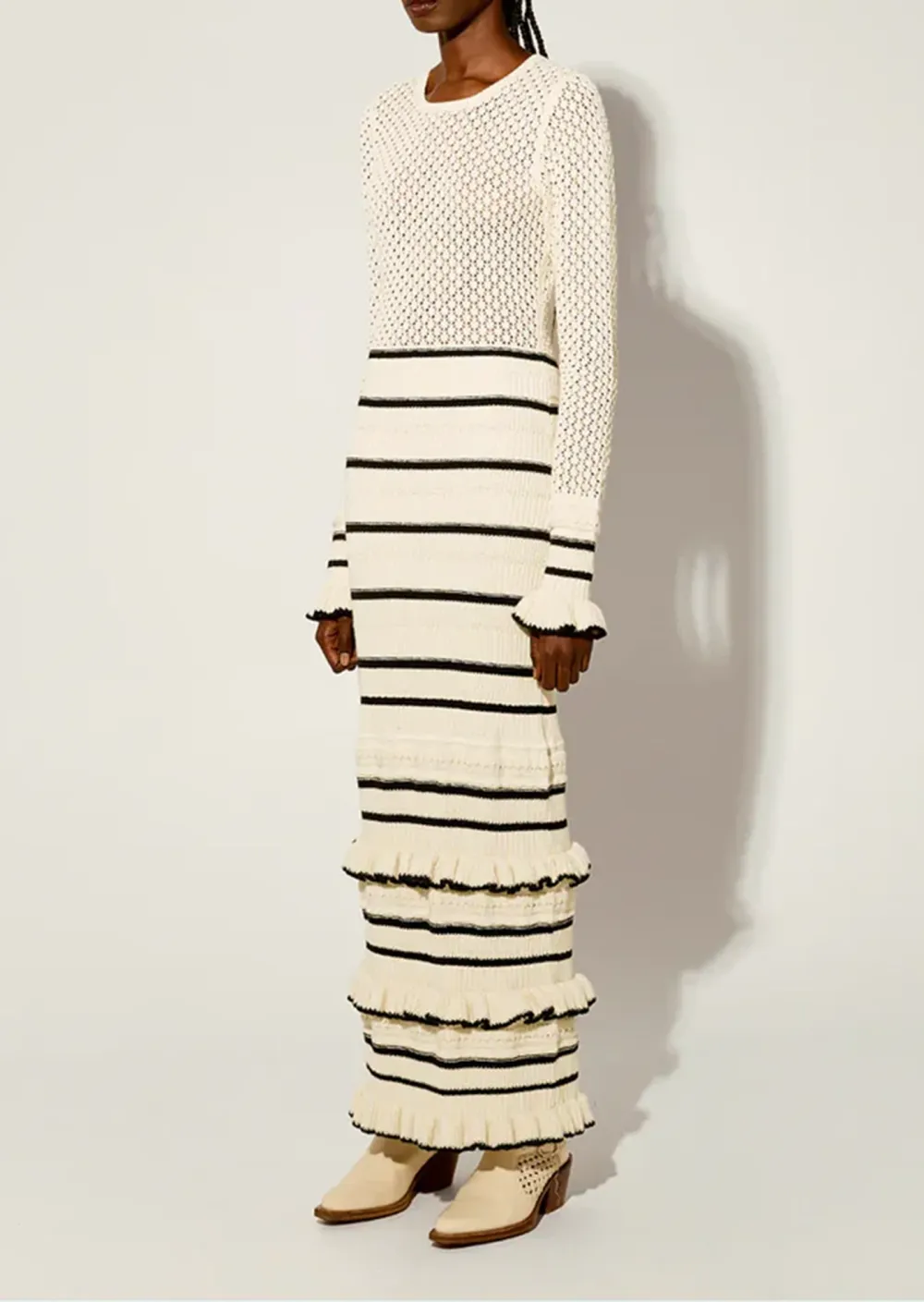 Crochet Knit Striped Ruffled Maxi Dress