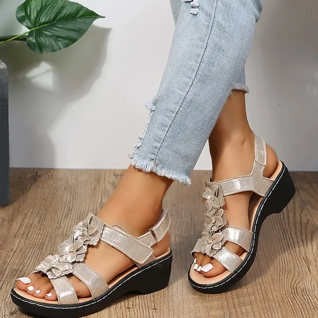 Women's Sandals Wedge Sandals Comfort Shoes Outdoor Daily Beach Summer Flower Wedge Heel Open Toe Classic Casual PU Leather Polyester Buckle Solid Color Floral Solid Colored Black White Yellow