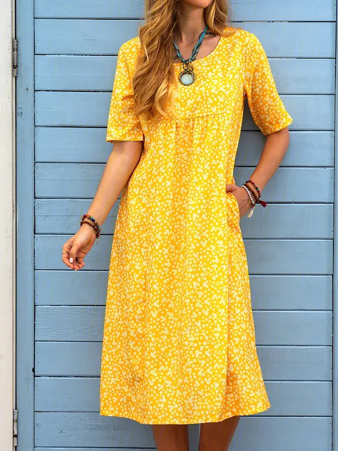 Floral Printed Crew Neck Pockets Short Sleeve Casual Midi Shirt Dress