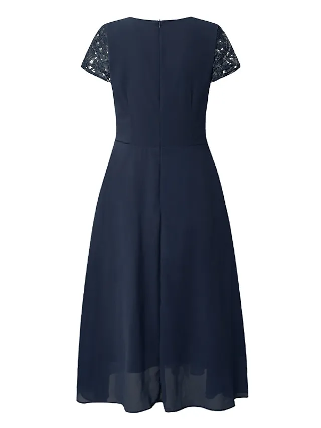 Women's Party Dress Chiffon Dress Formal Dress Midi Dress Navy Blue Short Sleeve Floral Ruched Spring Summer V Neck Vacation Wedding Guest Date Vacation 2023 S M L XL XXL 3XL