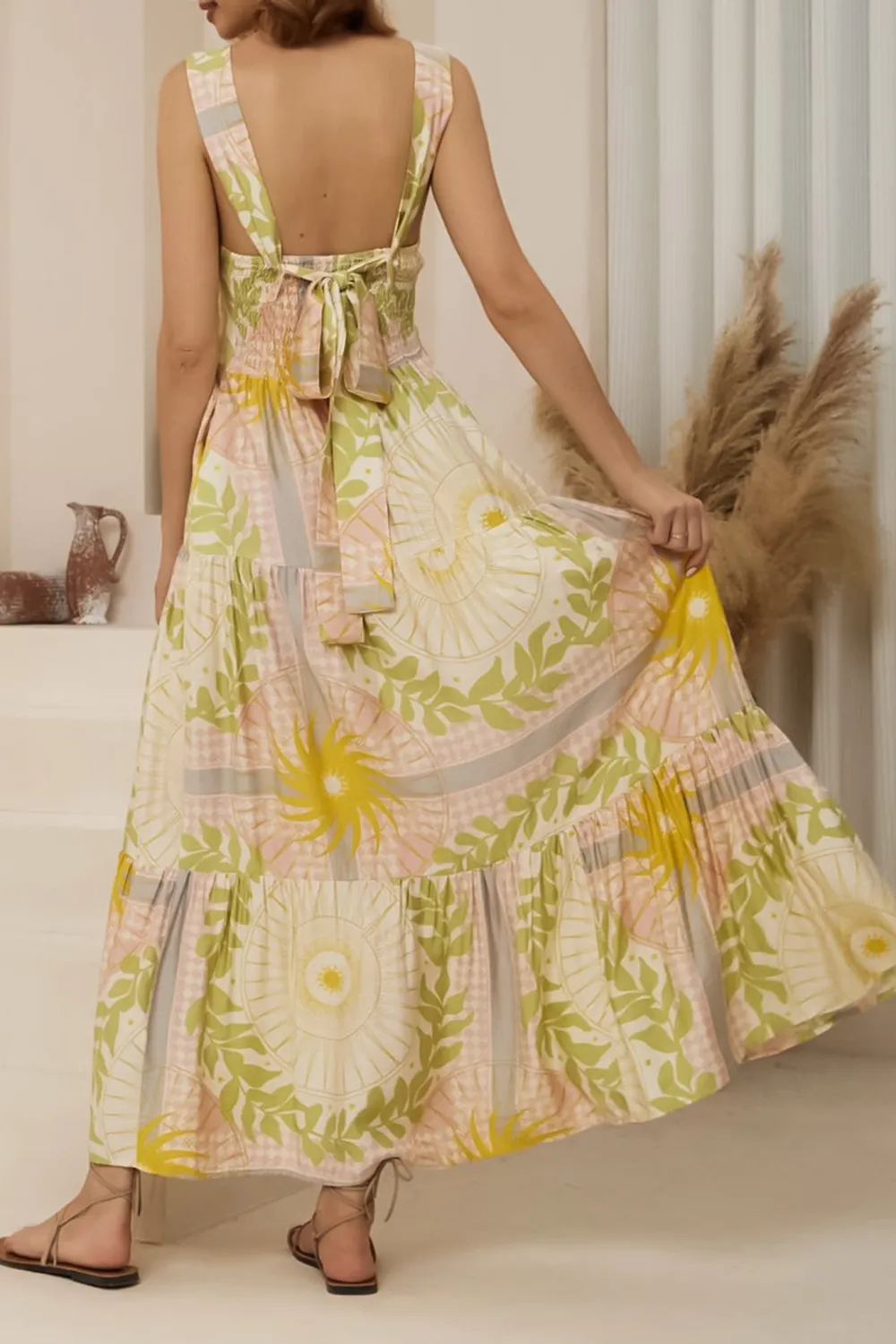 Yellow Green Floral Print Tiered Maxi Dress