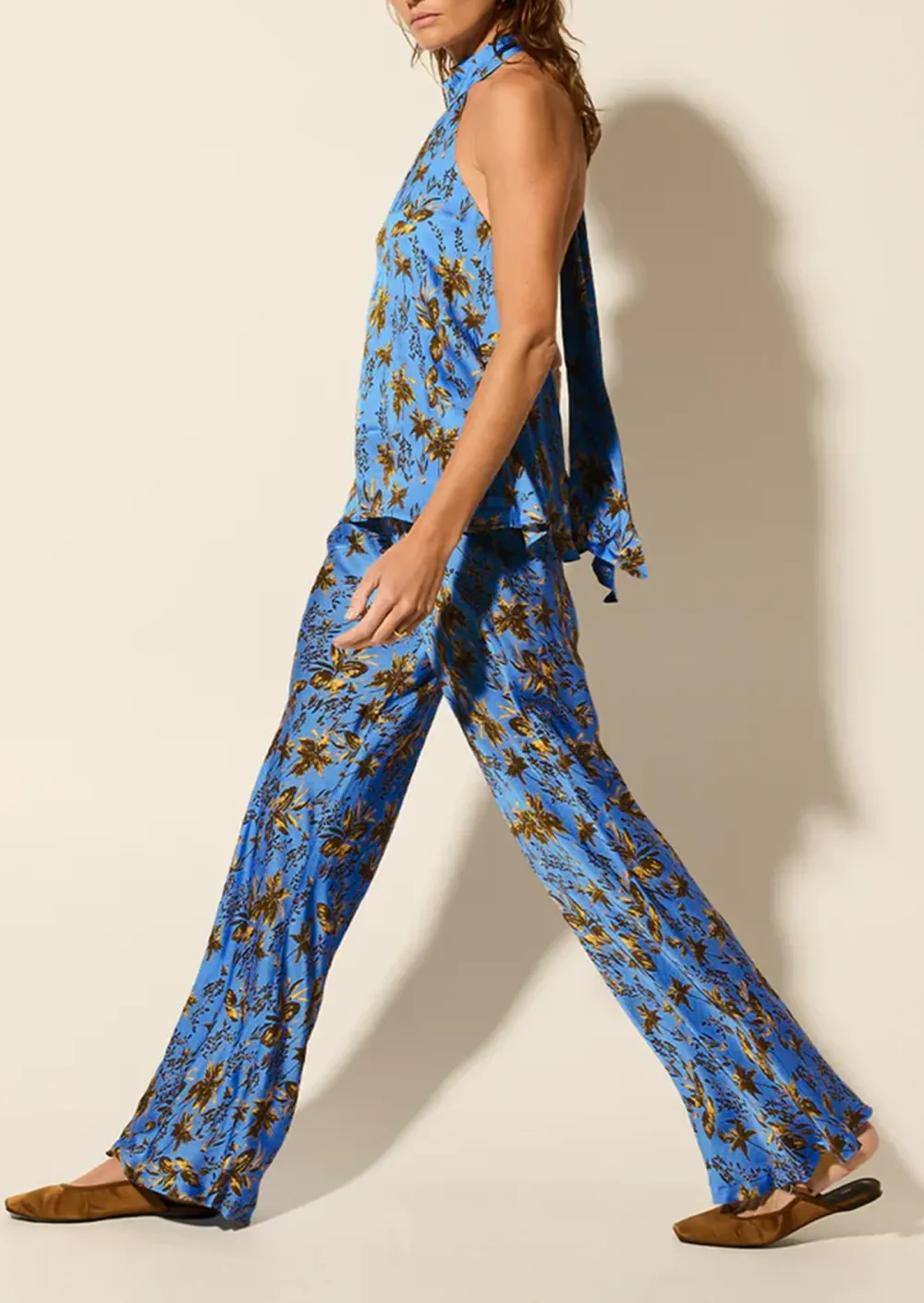Blue Floral Wide Leg Pants