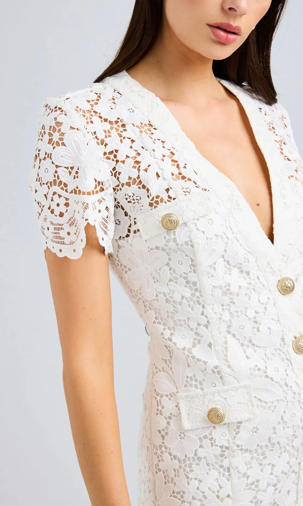 V-neck White Lace Short Dress