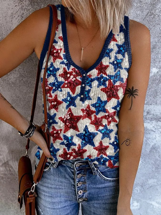 Women'S Sequin Star Print Round-Necked Sleeveless Vest