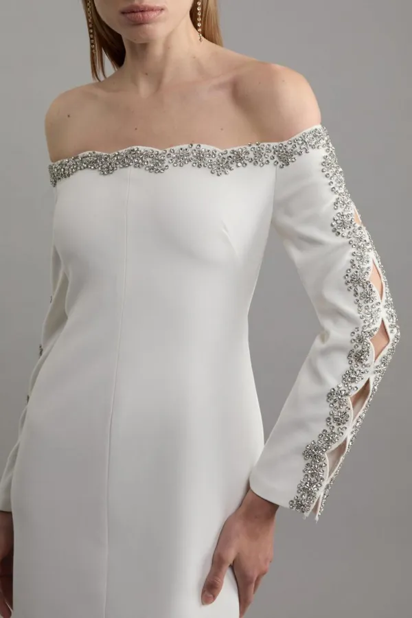 Off the Shoulder Embellished Scalloped Bardot Tailored Midaxi Dress