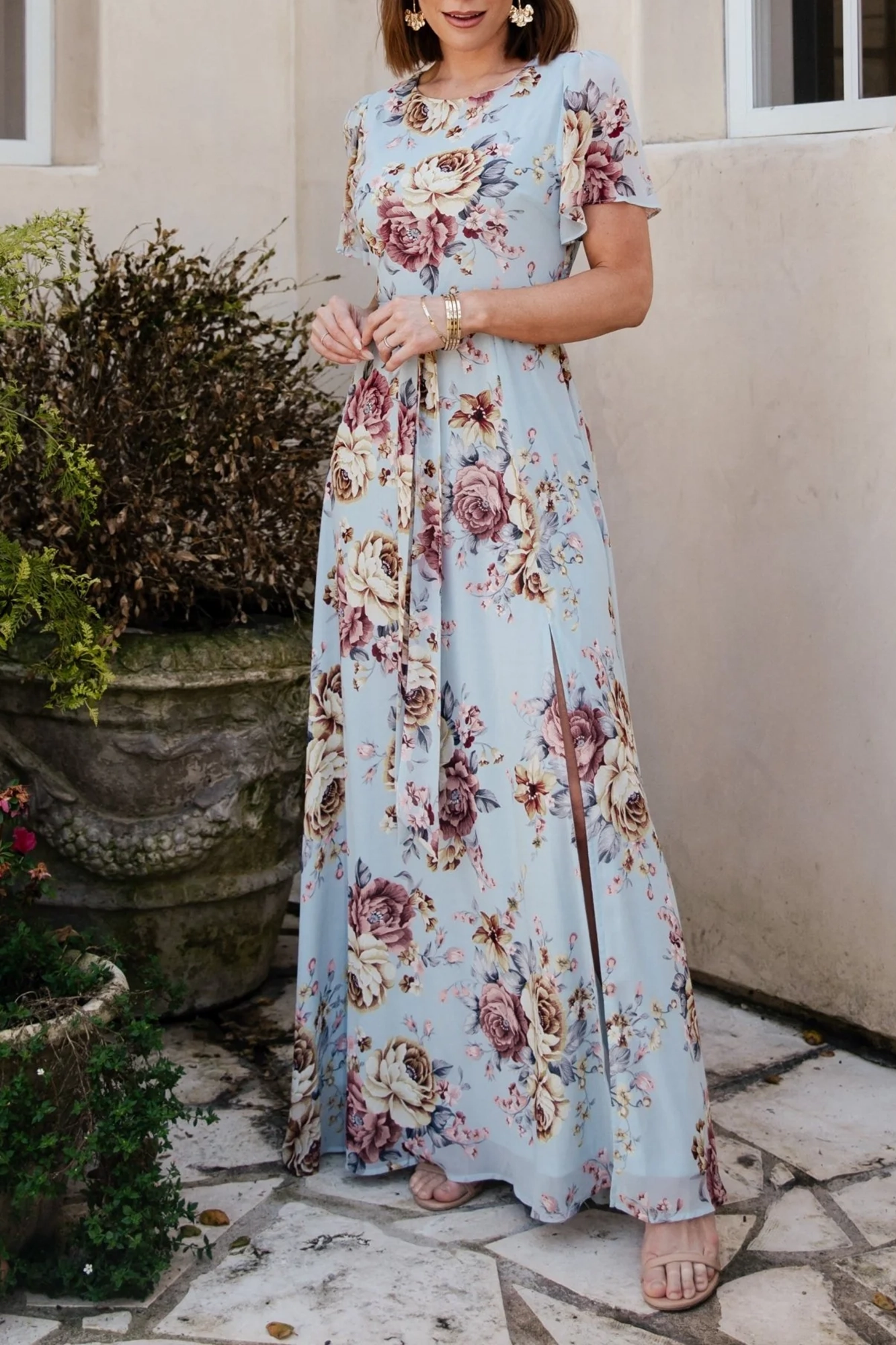 High-Waisted Versatile Slimming Round-Neck Floral Pattern Dress