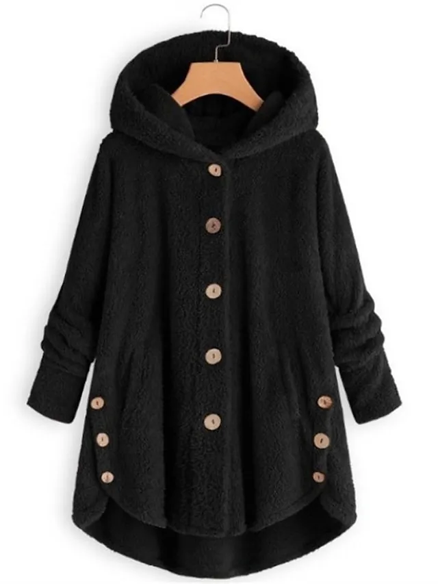 Women's Teddy Coat Fleece Sherpa Jacket with Hood Teddy Bear Jacket Windproof Warm Winter Coat Comtemporary Stylish Plush Jacket Long Sleeve Leopard Black Pink Wine