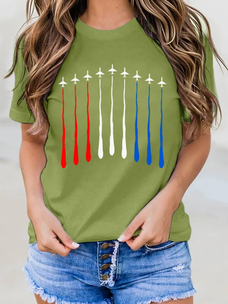 Airplane Cigarette Printed Round-Neck Short-Sleeved T-Shirt