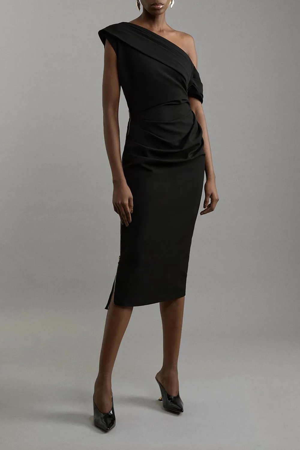 Structured Crepe Asymmetric Tailored Pencil Midi Dress