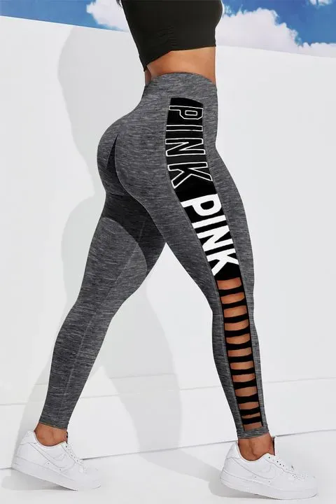 Letter Print Hollow Out Side Sports Leggings