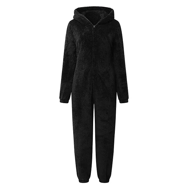 Women's Flannel Adult Onesies Onesie Pajamass Pajama for Adult Jumpsuits Nighty Pure Color Simple Comfort Party Home Christmas  Warm Gift Hoodie Long Sleeve Fall Winter Black