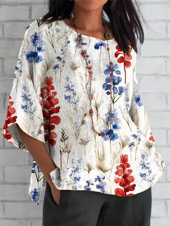 Women'S Floral Branch Printing Round-Neck Long-Sleeved Shirt