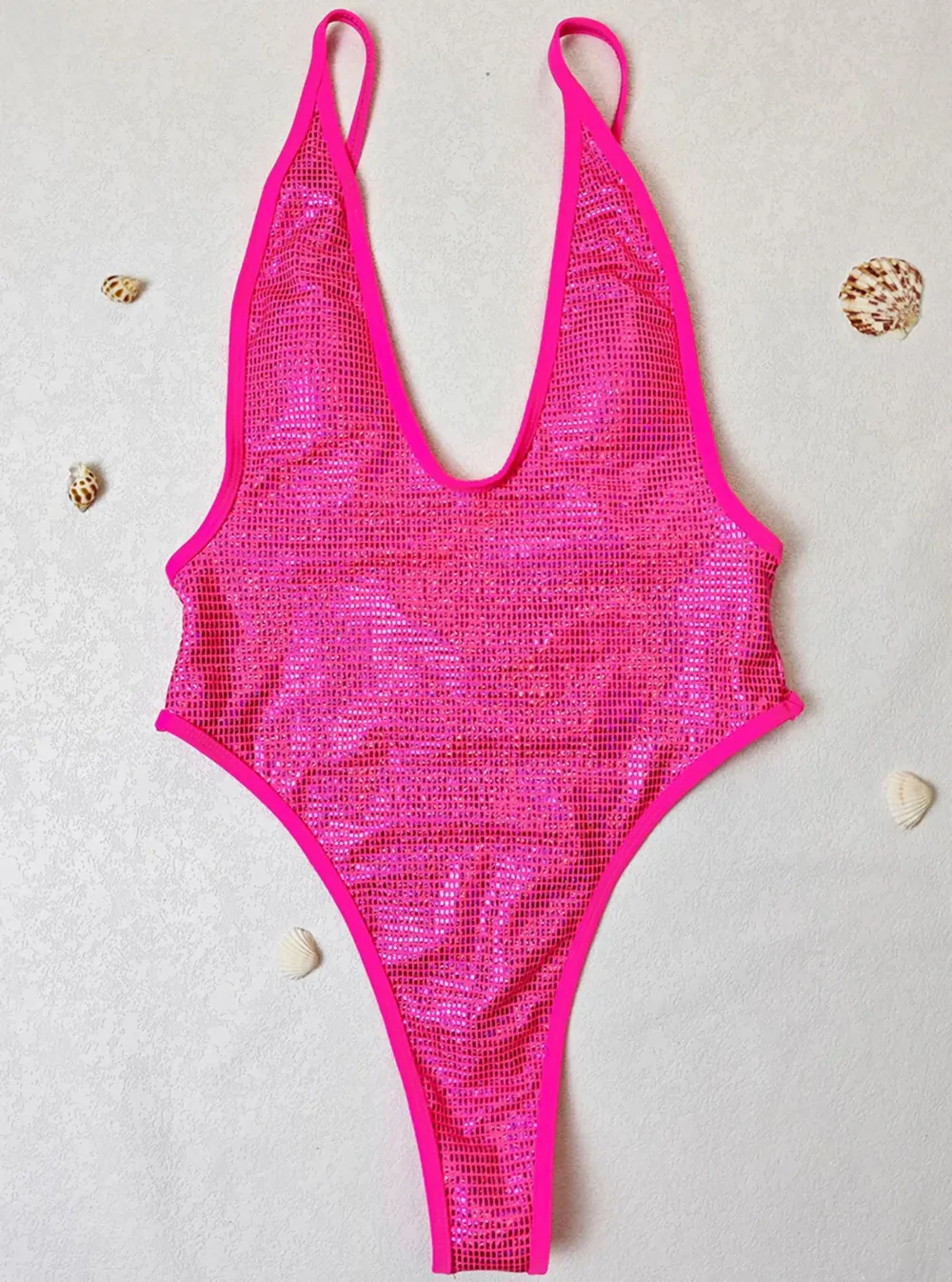 Shiny Mesh Deep V One-piece Bikini