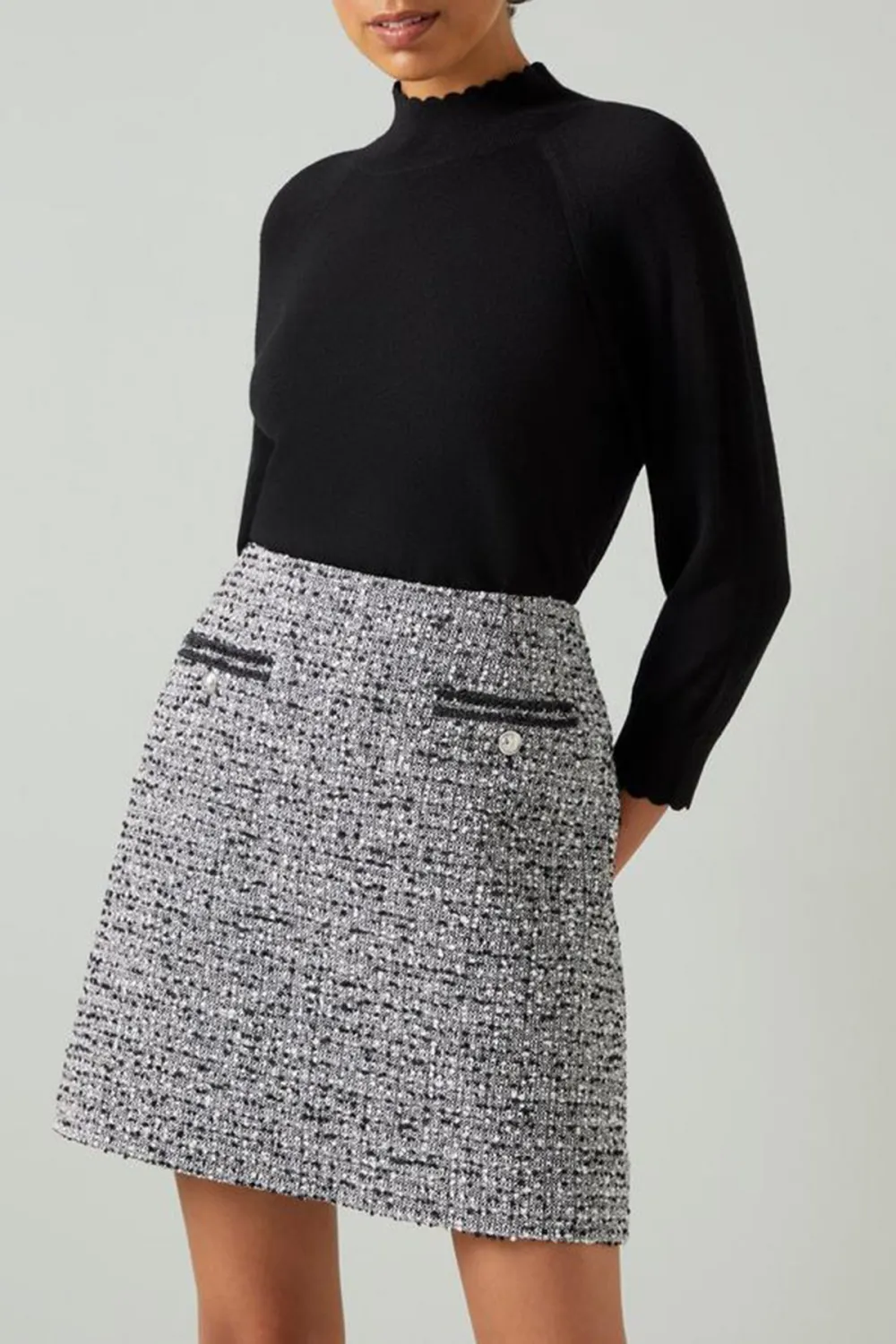 Black Cream Tweed Pocket Detail Mini Skirt