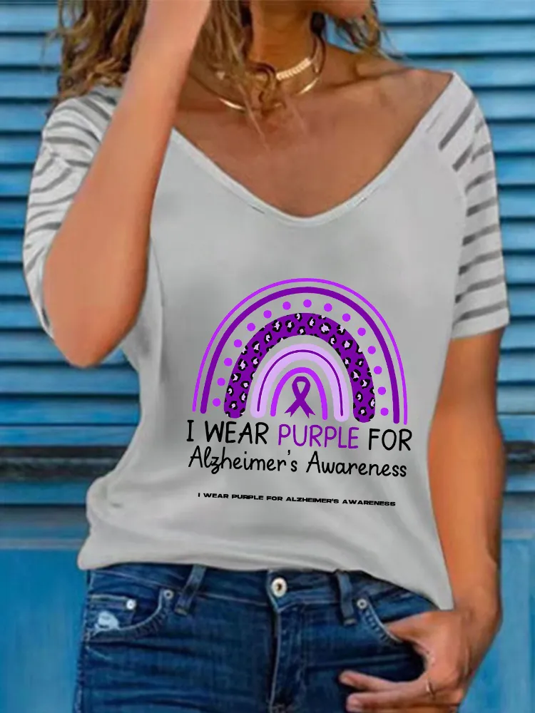 Women'S I Wear Purple For Alzheimer'S Awareness V-Neck Short-Sleeved T-Shirt